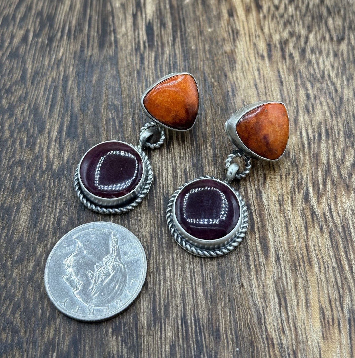 Navajo Handmade Sterling Silver Mixed Spiny Oyster Shell Post Dangle Earrings