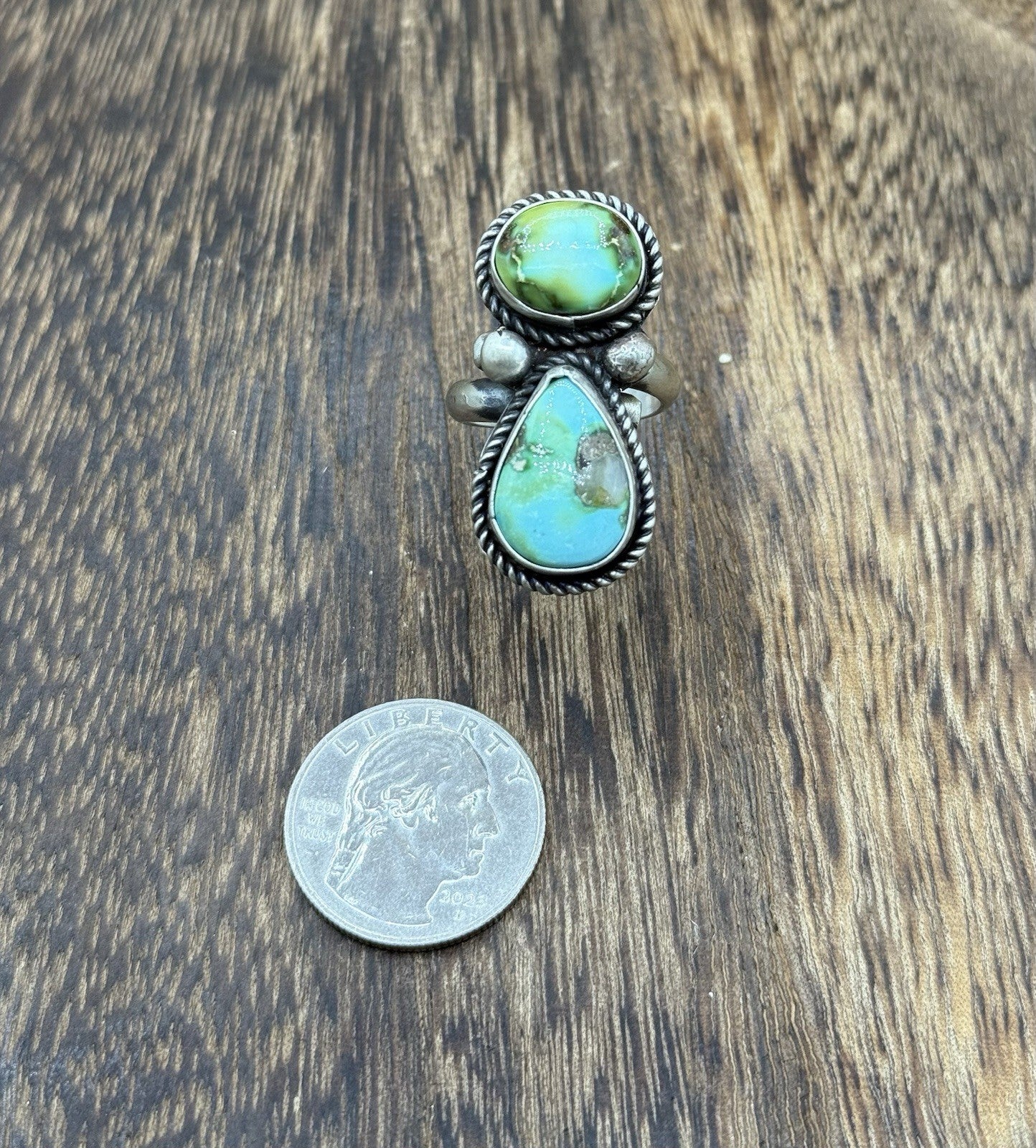 Navajo Handmade Sterling Silver Sonoran Gold Turquoise Adjustable Ring Size 7-9