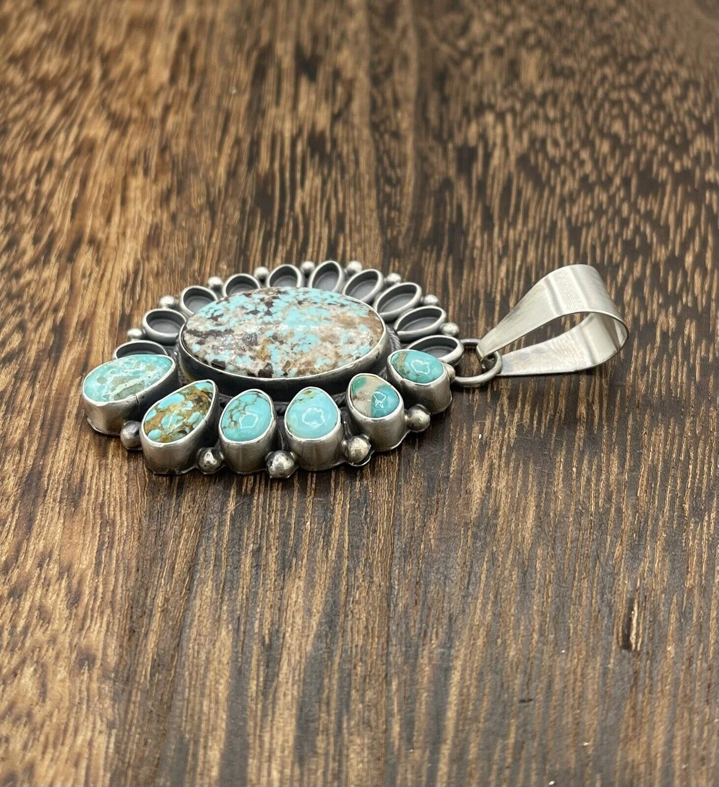 Native American Navajo  Silver Handmade Turquoise Cluster Pendant - Betta Lee