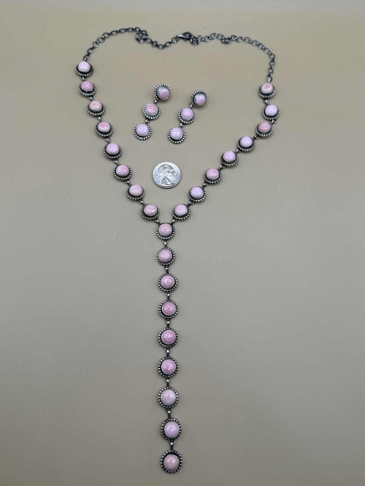 Navajo Handmade Sterling Silver Pink Conch Lariat Dangle Necklace Super Long