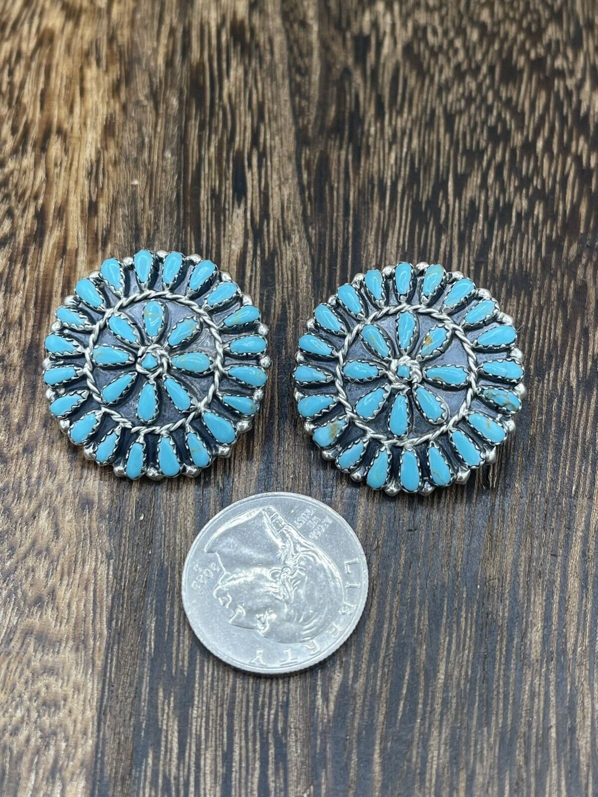 Native American Navajo Handmade Sterling Silver Turquoise Cluster Post earrings