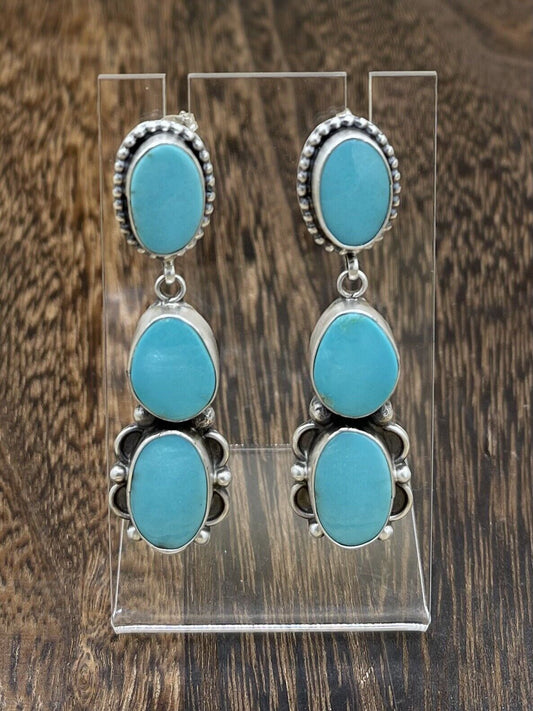 Native American Sterling Silver Navajo Handmade Turquoise Post Dangle Earrings