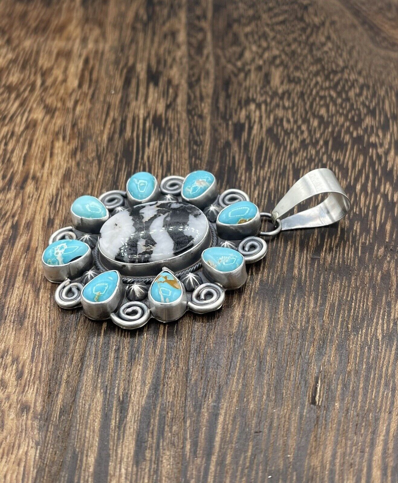 Native American Navajo  Silver Handmade Turquoise & White Buffalo Pendant