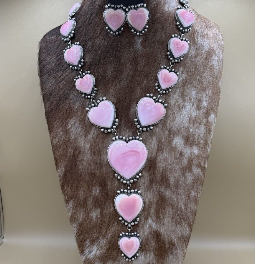 Native Navajo Handmade Sterling Silver Pink Conch Shell Y Lariat Necklace 25”