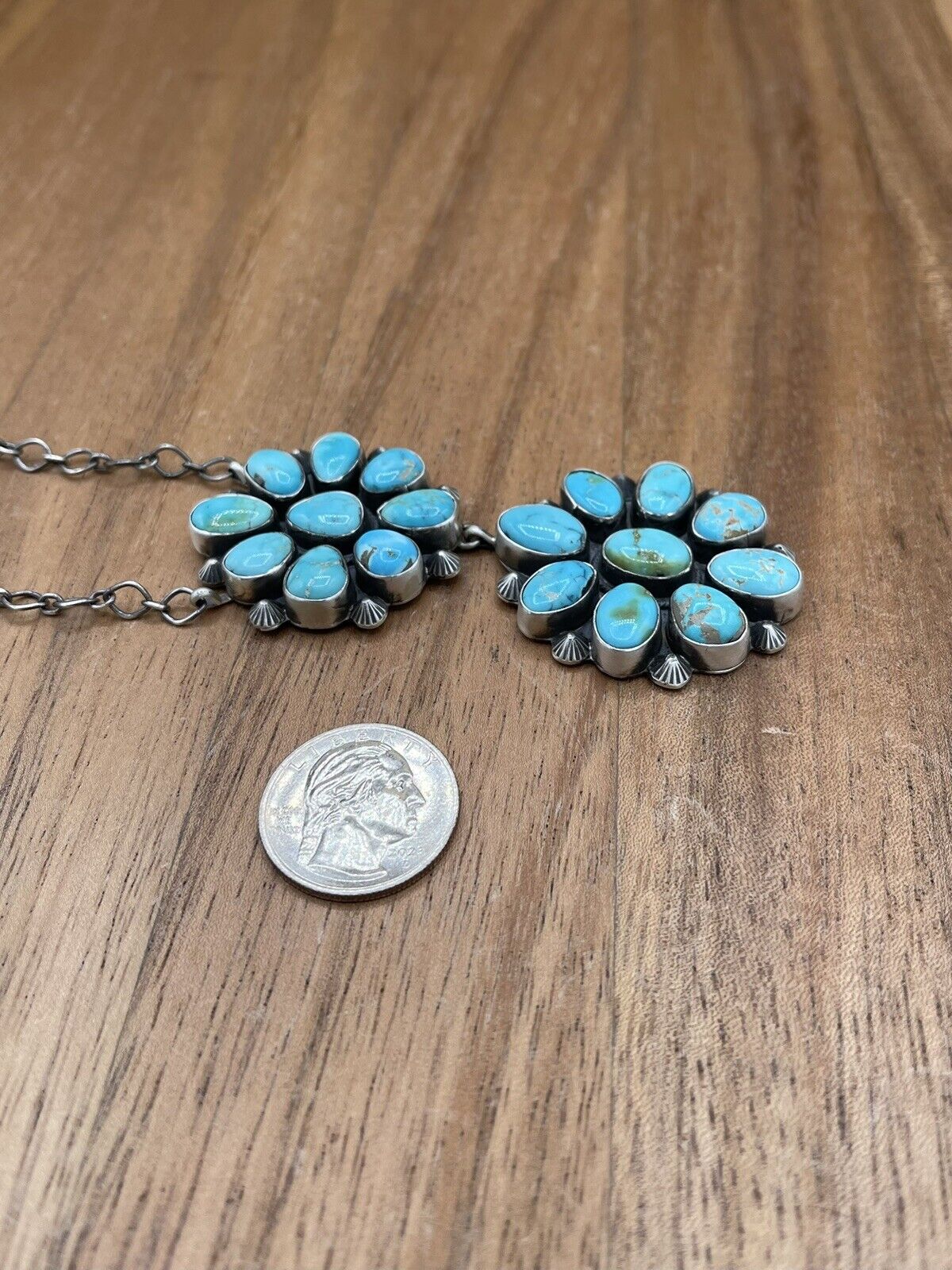 Native American Navajo Handmade Silver Kingman Turquoise Double Cluster Necklace