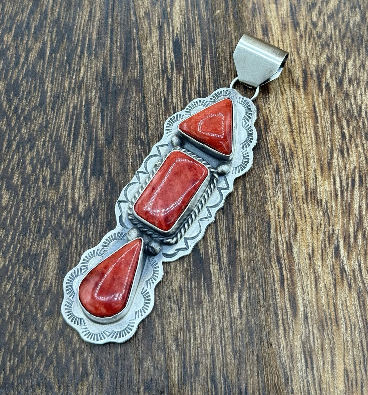 Navajo Handmade Sterling Silver Spiny Oyster Shell Stamped Drop Pendant