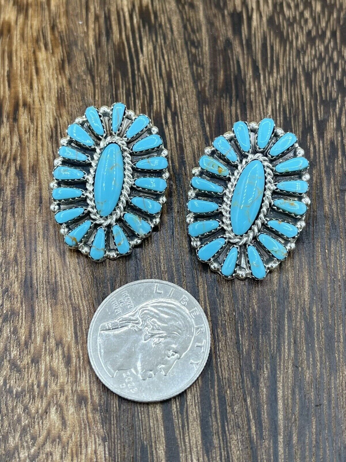 Native American Navajo Handmade Sterling Silver Turquoise Cluster Stud Earrings