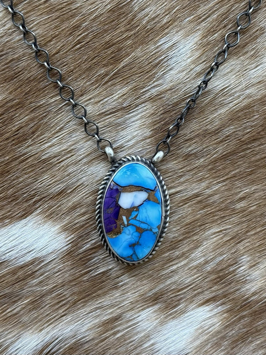 Navajo Handmade Sterling Silver Violet Rose & Blue Dahlia Bar Necklace 18”