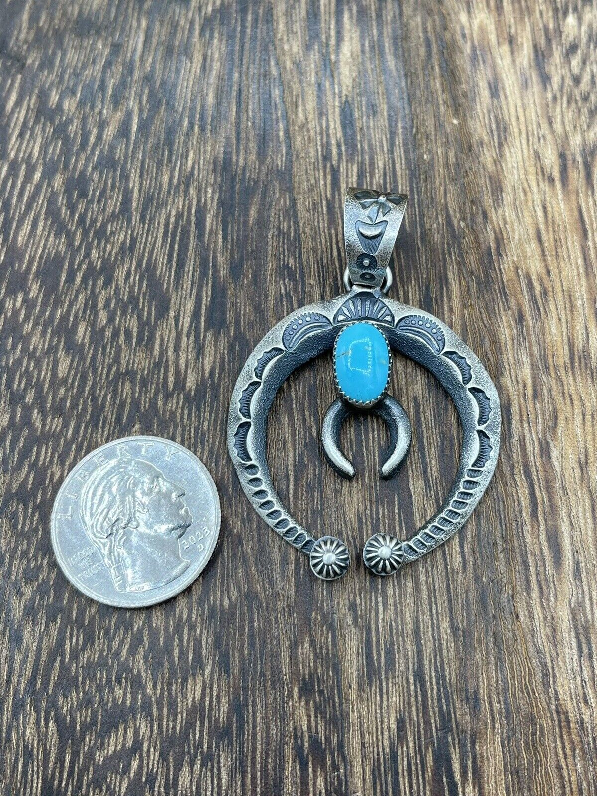 Native American Indian Navajo Handmade Silver Old Look Turquoise Naja Pendant