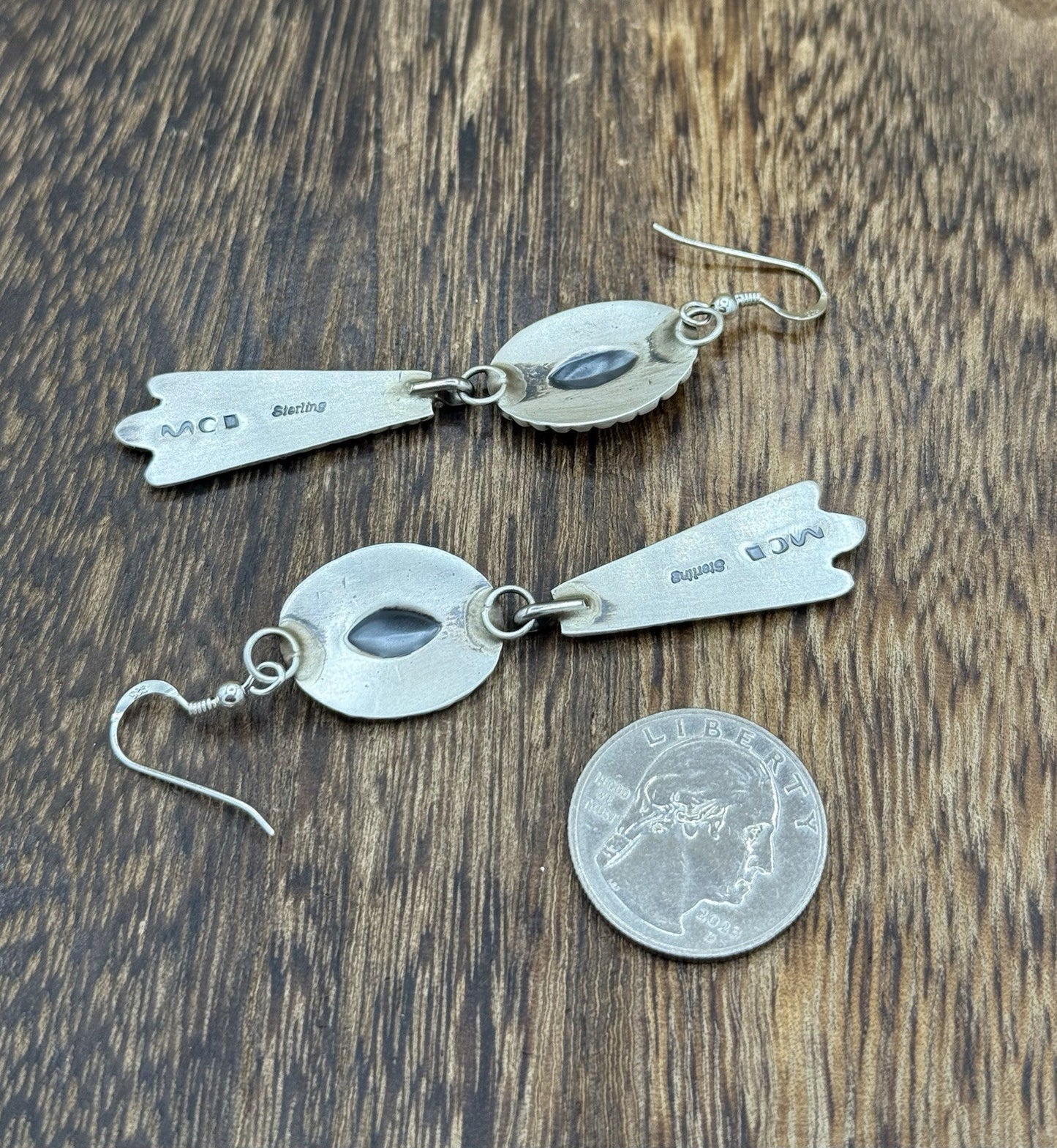 Navajo Handmade Sterling Silver Old Look Stamped Concho Design Dangle Earrings