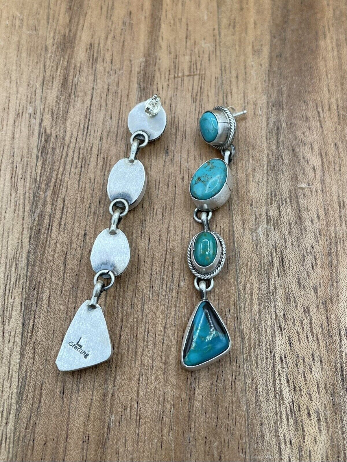 Native American Silver Navajo Handmade Kingman Turquoise Post Dangle Earrings