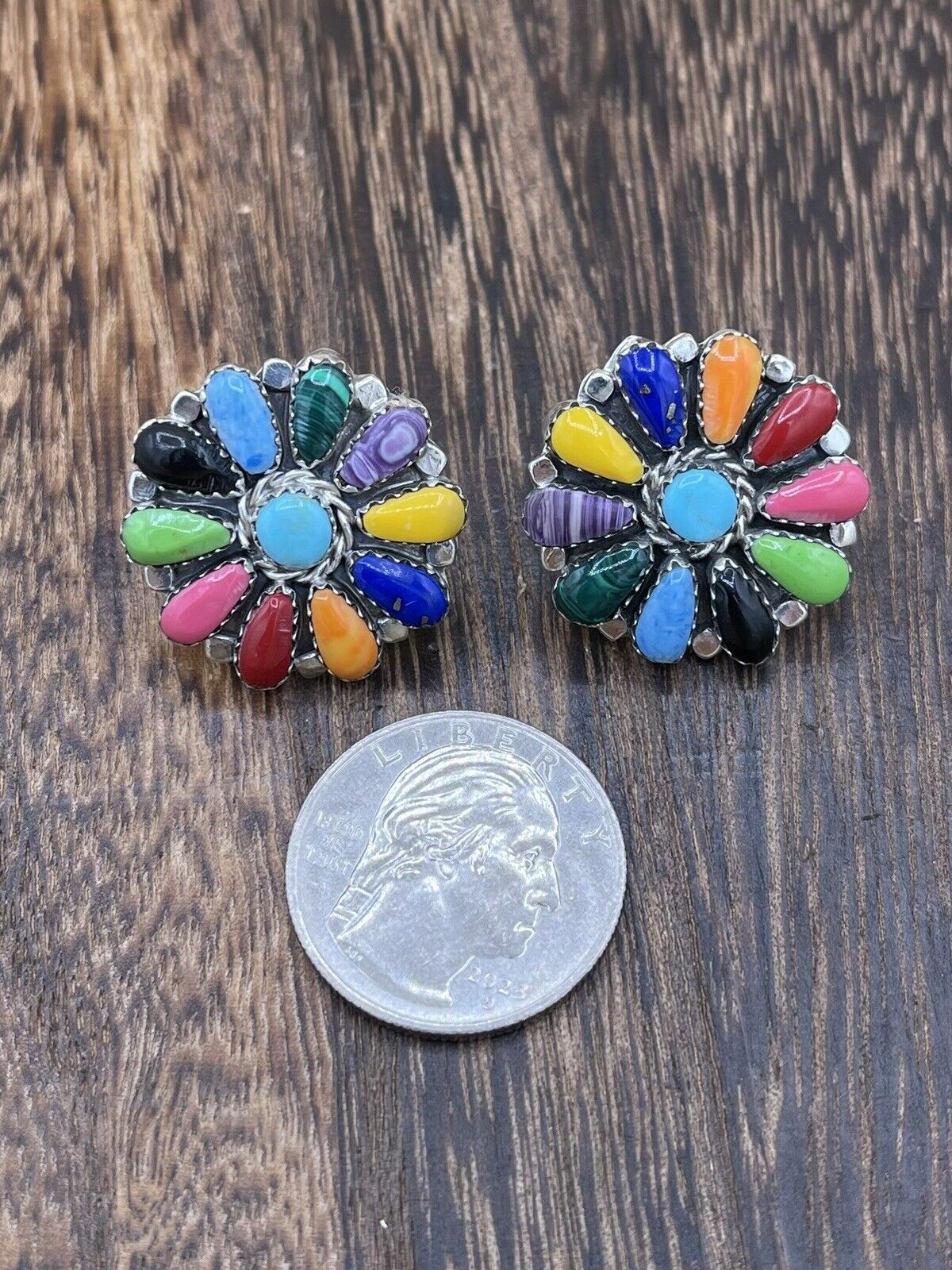 Native American Navajo Handmade Sterling Silver Multicolor Cluster Stud Earrings