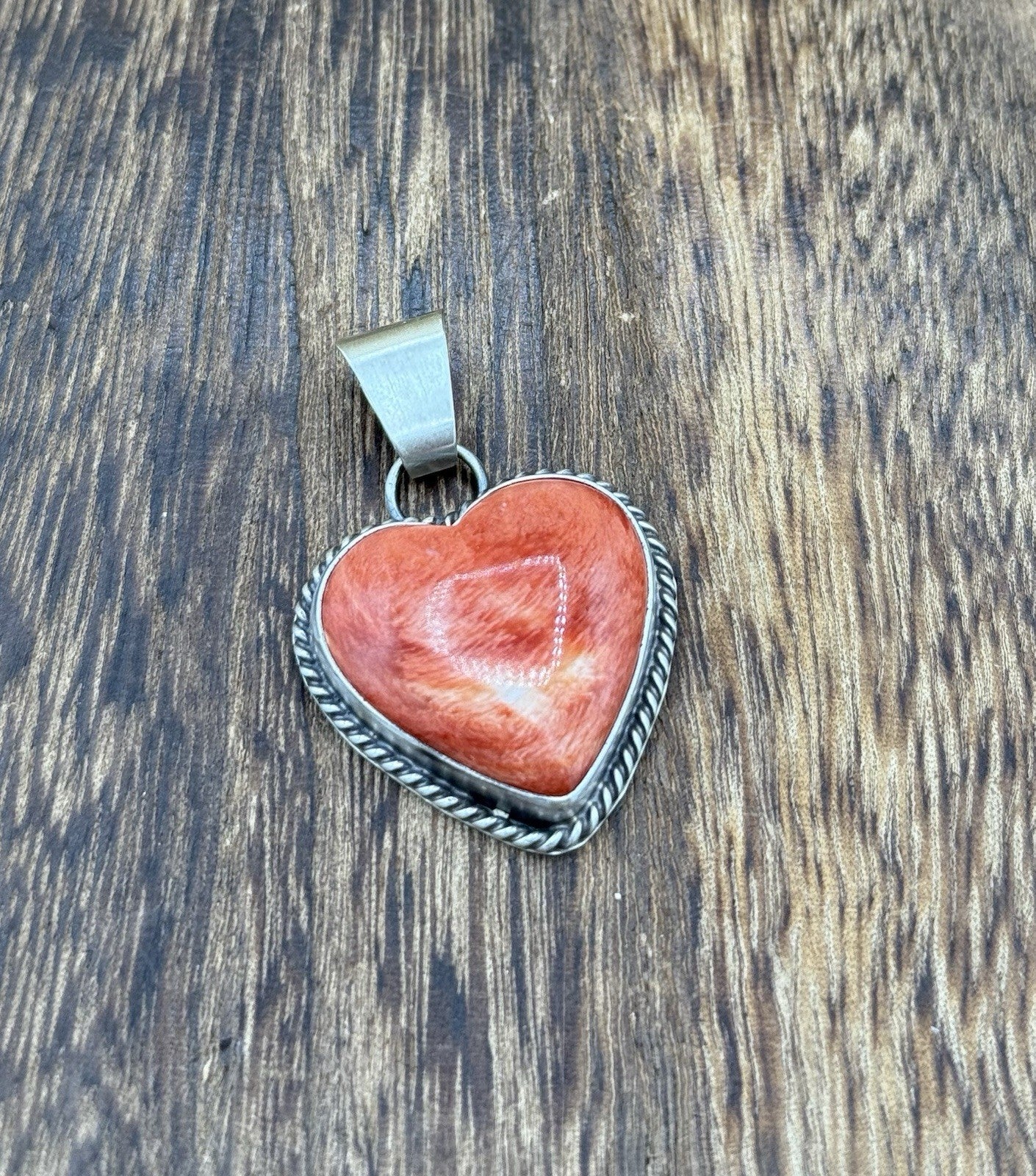 Navajo Handmade Sterling Silver Red Spiny Oyster Shell Heart Shaped Pendant
