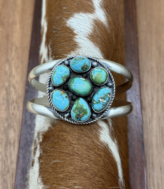 Navajo Handmade Sterling Silver Sonoran Gold Turquoise Cluster Cuff Bracelet