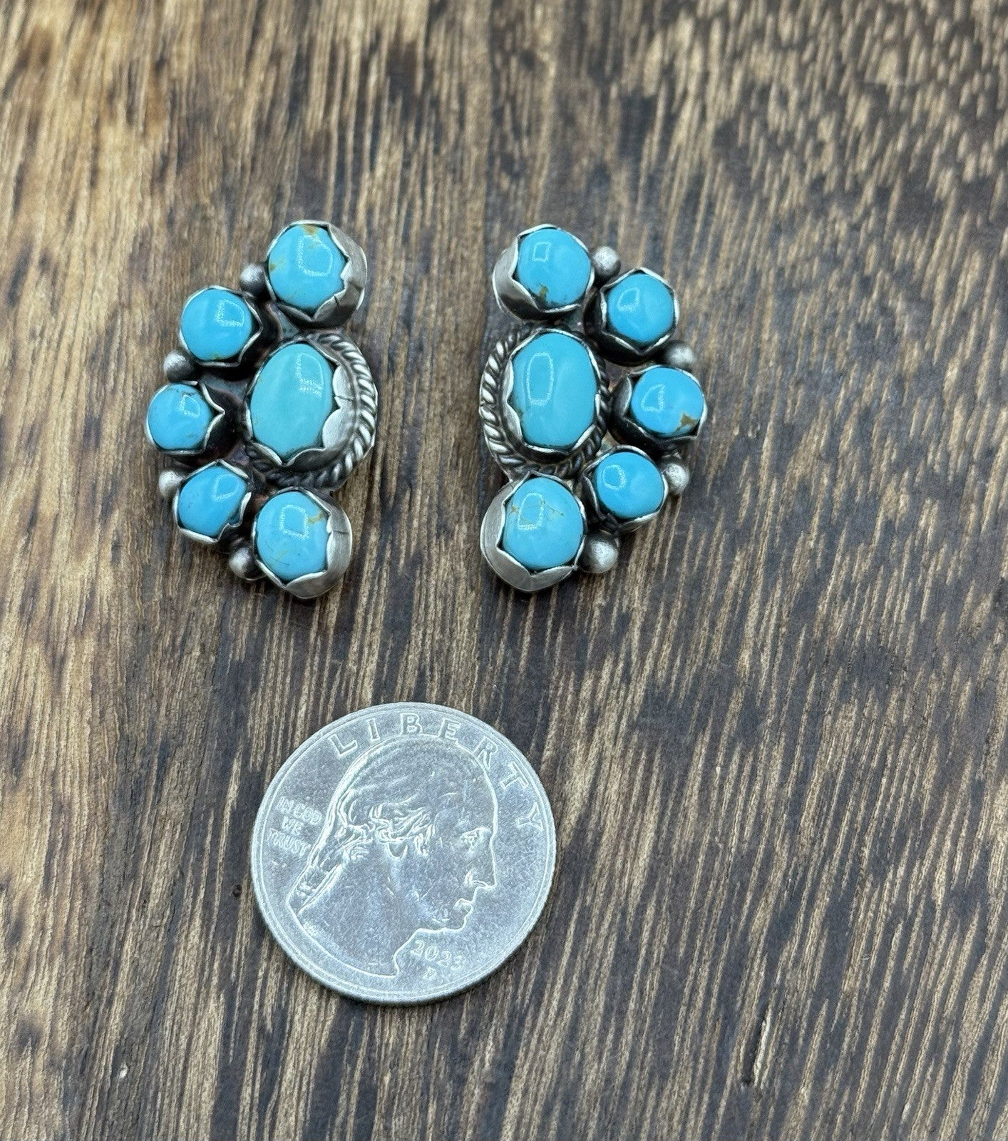 Navajo Handmade Sterling Silver Kingman Turquoise Half Cluster Post Earrings