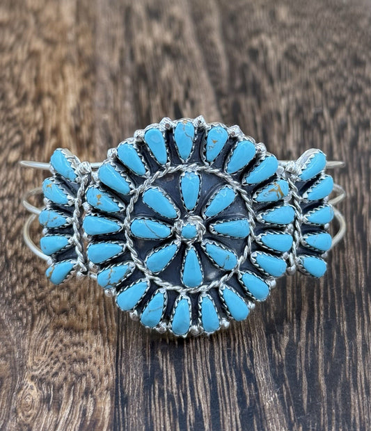 Native American Navajo Handmade Sterling Silver Turquoise Cluster Cuff Bracelet