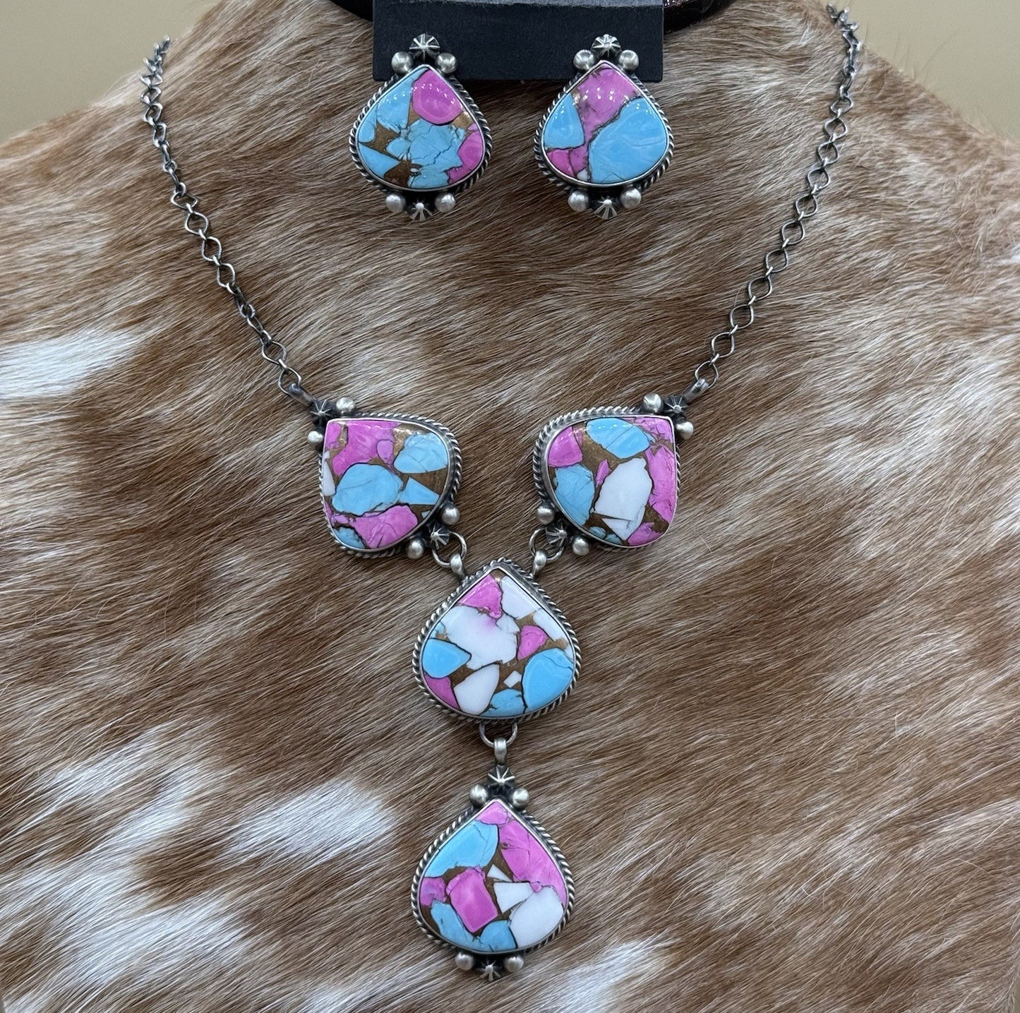 Navajo Handmade Sterling Silver Cotton Candy Dahlia Lariat Necklace Set 18”
