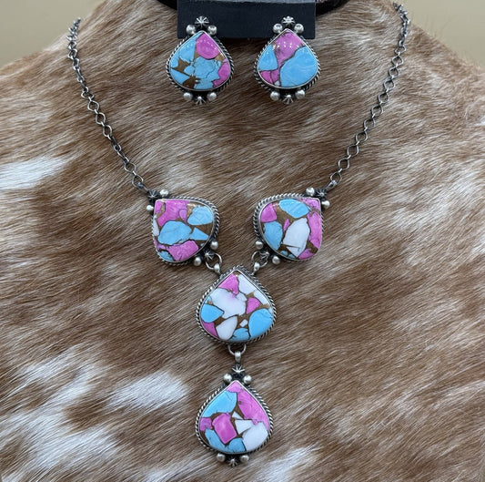 Navajo Handmade Sterling Silver Cotton Candy Dahlia Lariat Necklace Set 18”
