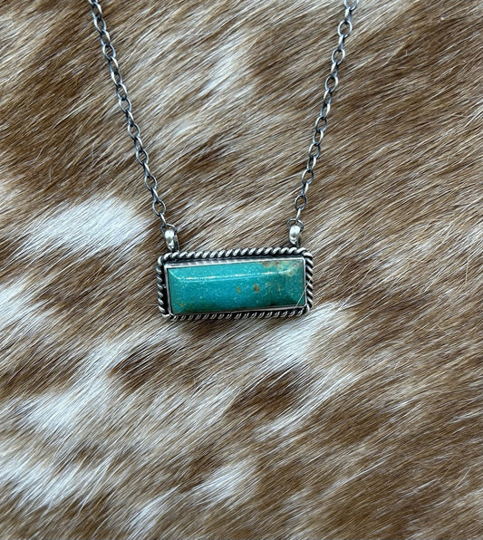 Navajo Handmade Sterling Silver Kingman Turquoise Bar Necklace 16”