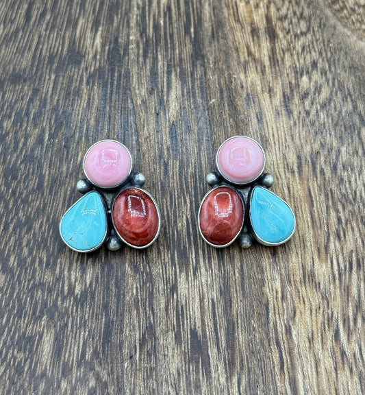 Navajo Handmade Sterling Silver Multi Color Turquoise Spiny Cluster Earrings