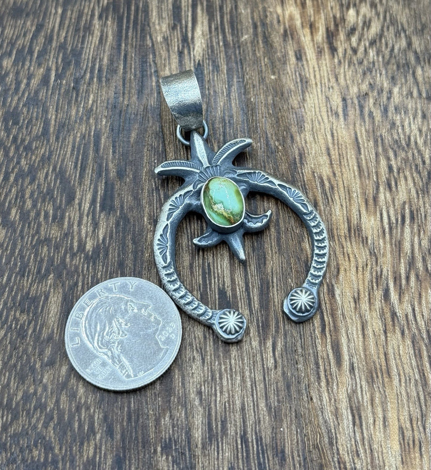Navajo Handmade Sterling Silver Old Look Sonoran Gold Turquoise Naja Pendant