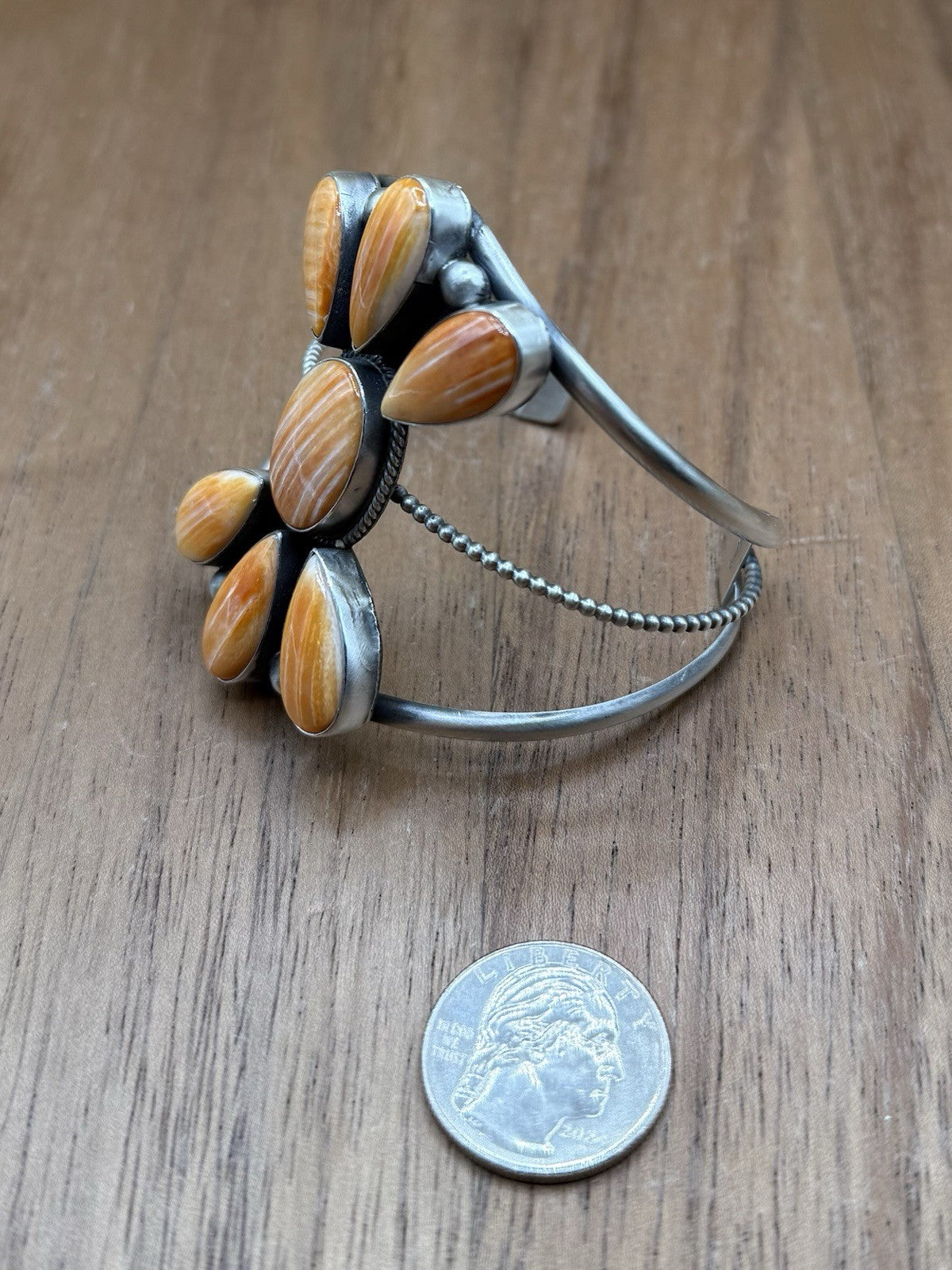 Navajo Handmade Sterling Silver Orange Spiny Oyster Cluster Cuff Bracelet