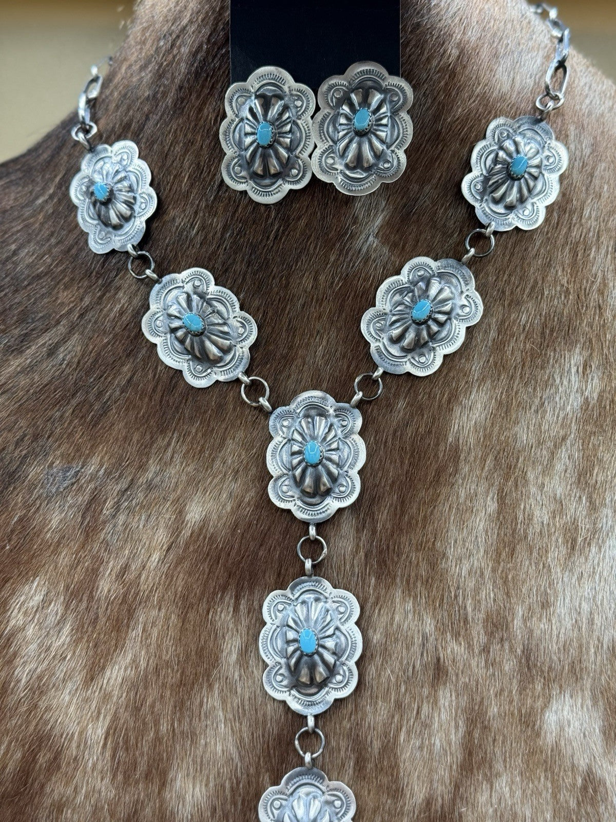 Navajo Handmade Sterling Silver Stamped Concho Turquoise Lariat Necklace Set 18”