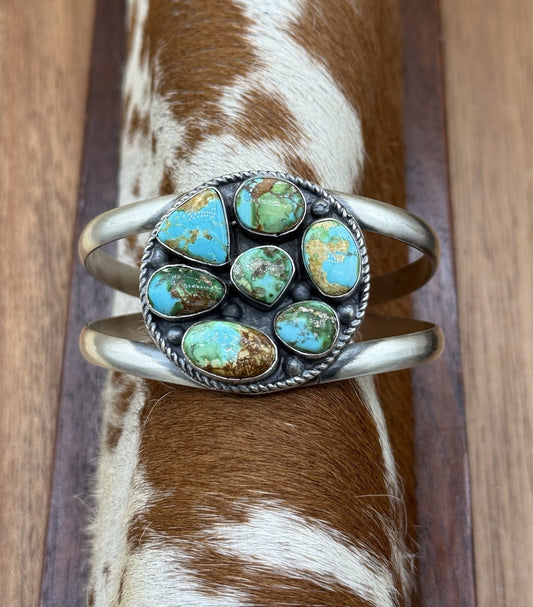 Navajo Handmade Sterling Silver Sonoran Gold Turquoise Cluster Cuff Bracelet