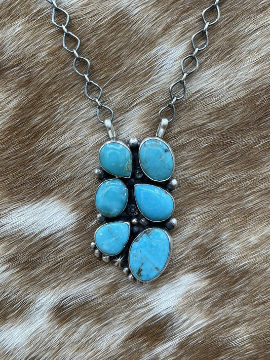 Native American Navajo Handmade Silver Turquoise Cluster Bar Necklace 18 Inch