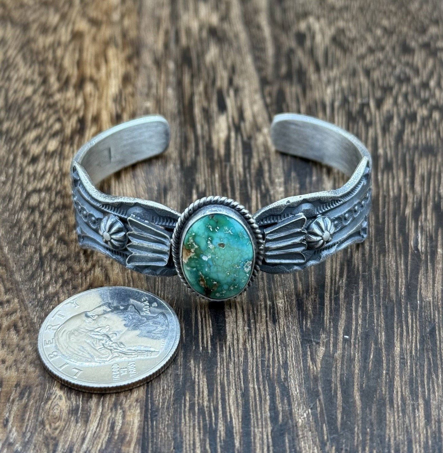 Navajo Handmade Sterling Silver Emerald Valley Turquoise Old look Cast Bracelet