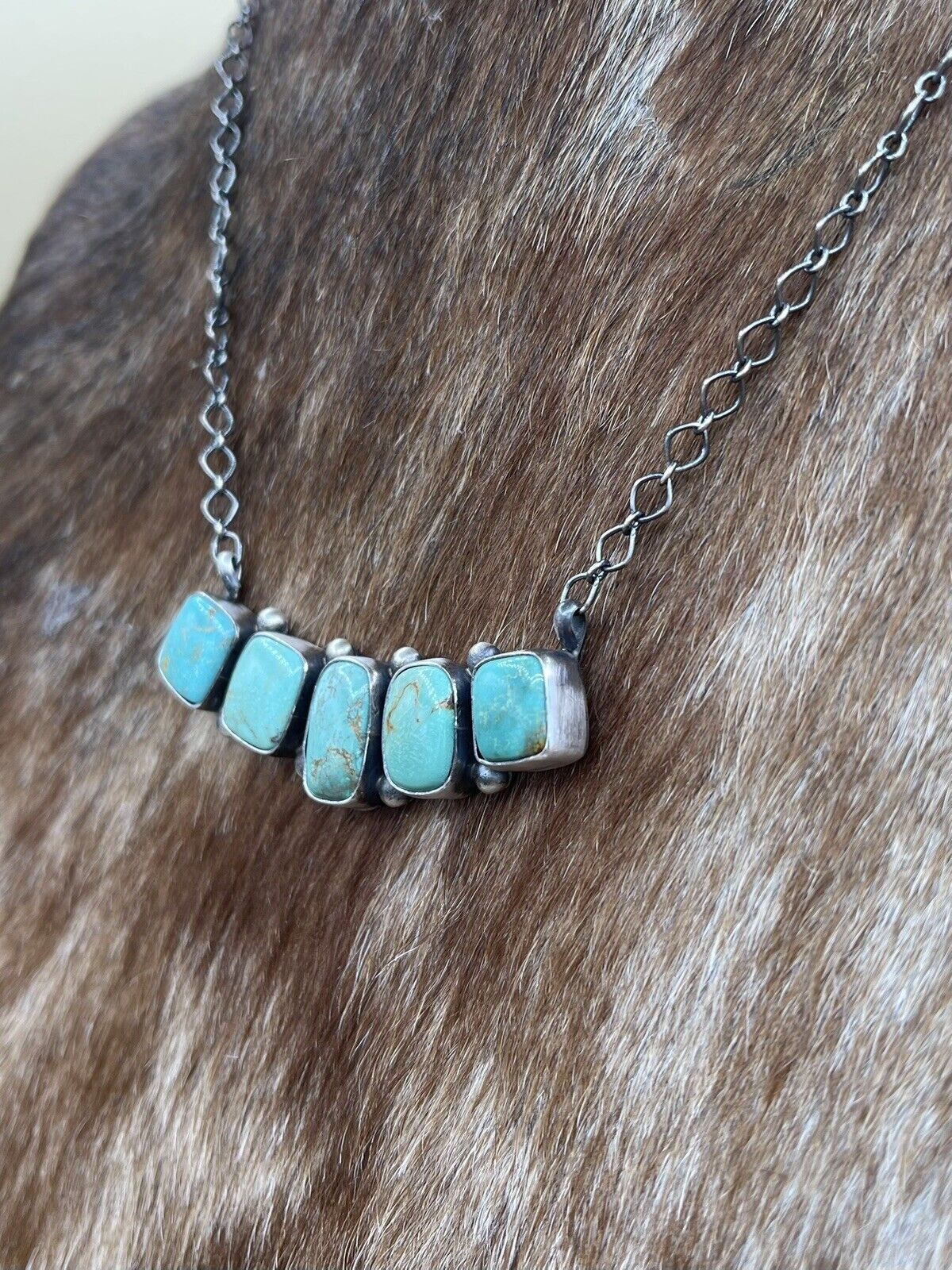 Native American Navajo Handmade Sterling Silver Kingman Turquoise Bar Necklace