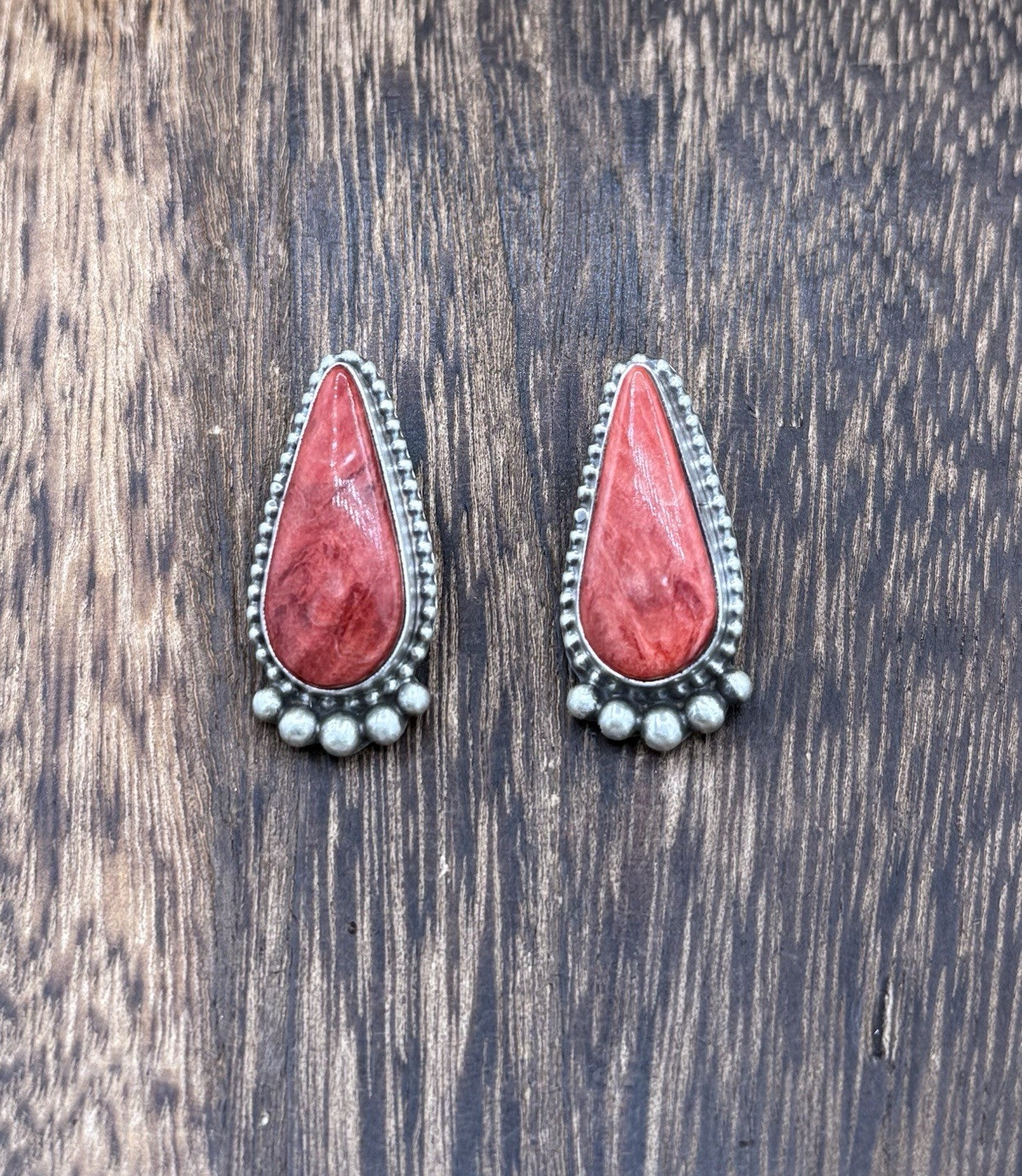 Native Navajo Handmade Sterling Silver Red Spiny Oyster Shell Post Stud Earrings