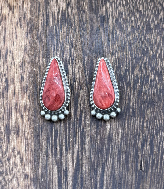 Native Navajo Handmade Sterling Silver Red Spiny Oyster Shell Post Stud Earrings