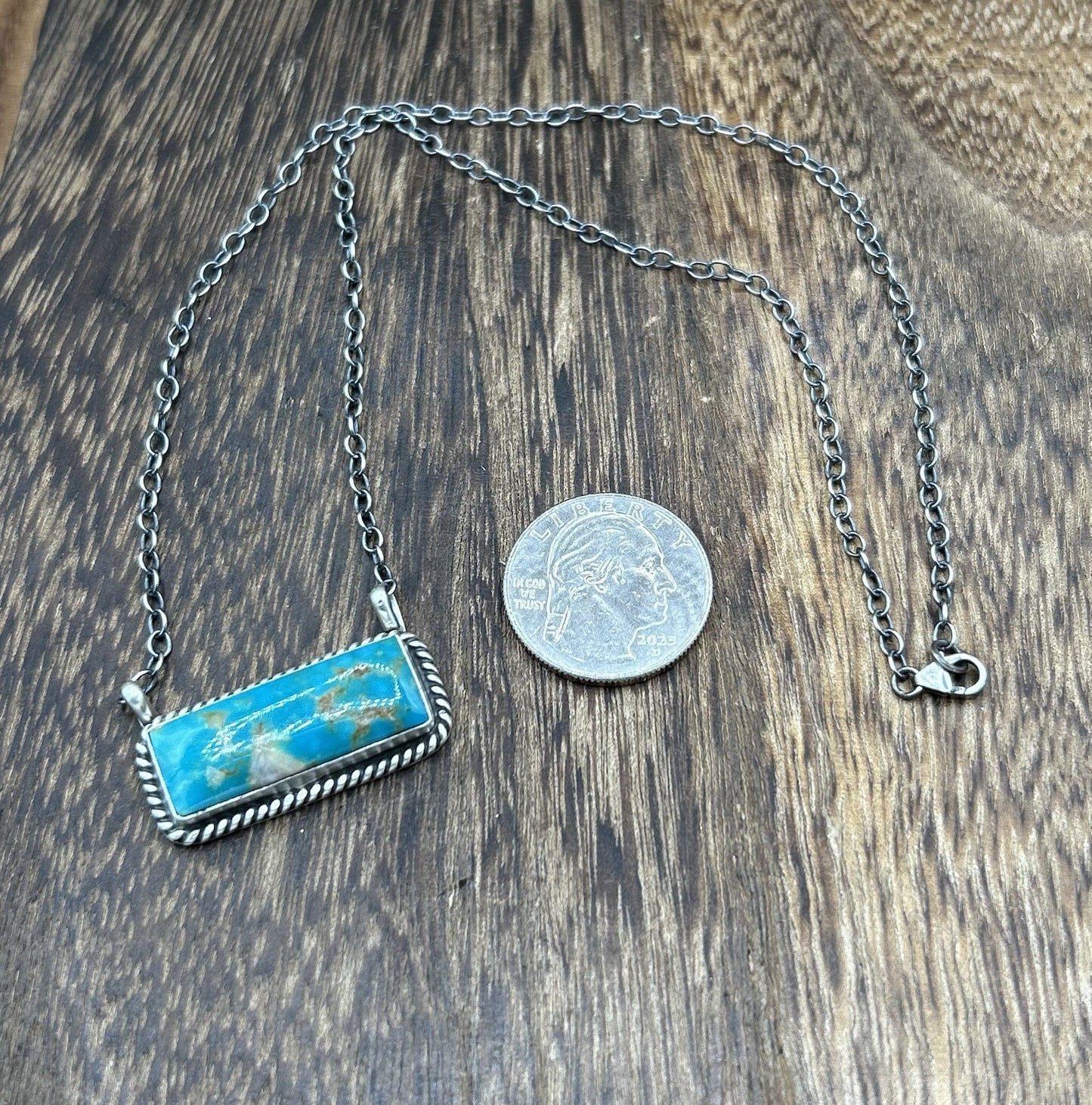 Navajo Handmade Sterling Silver Kingman Turquoise Bar Necklace 16”