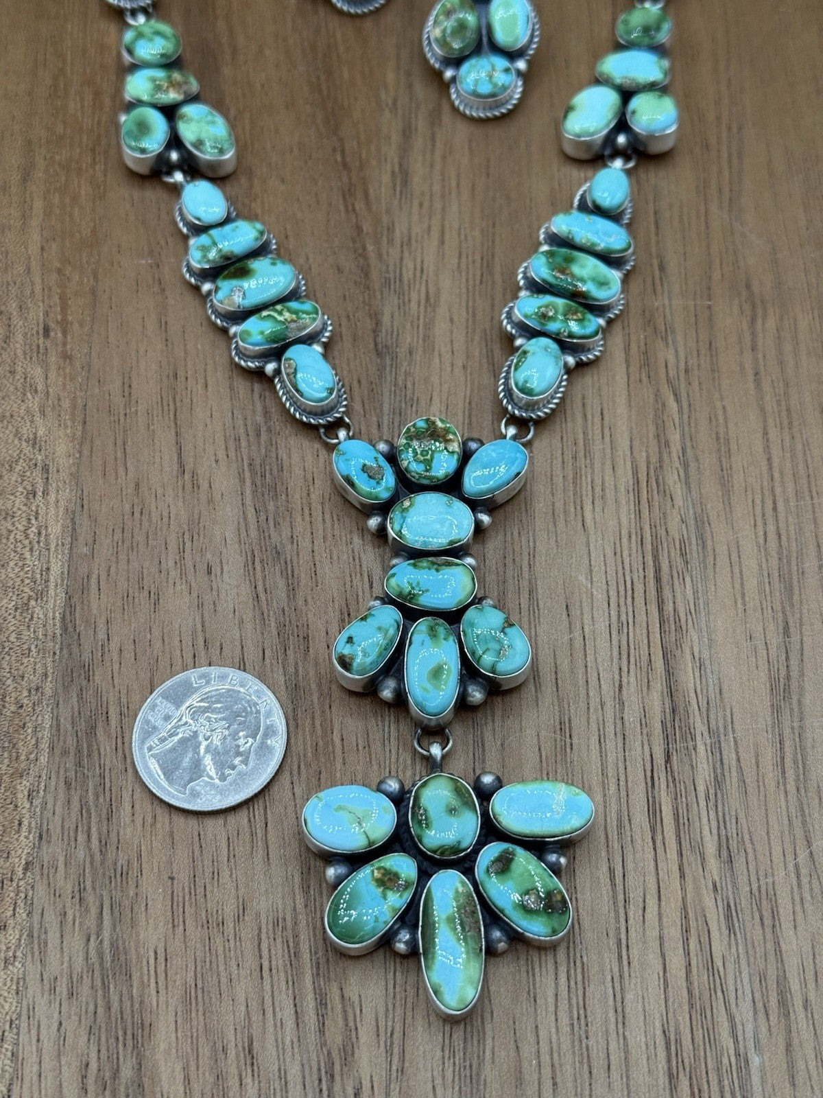 Navajo Handmade Sterling Silver Sonoran Gold Turquoise Cluster Lariat Necklace