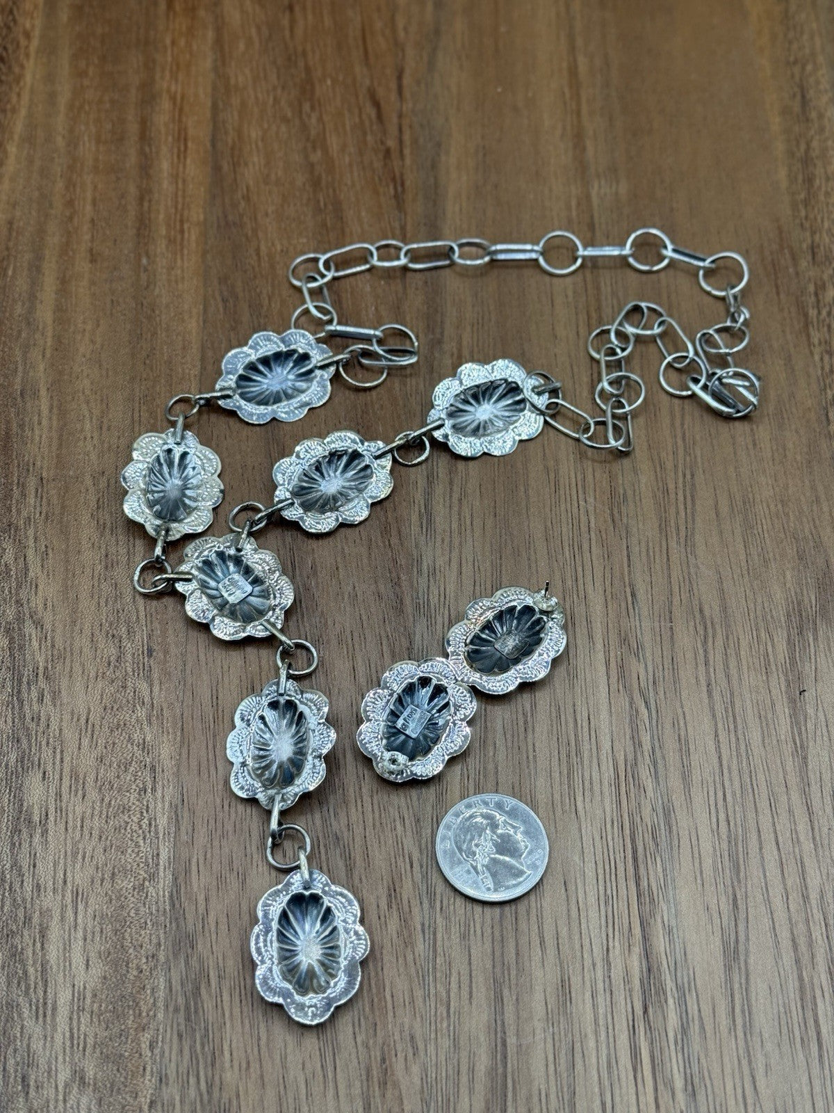 Navajo Handmade Sterling Silver Stamped Concho Shiny Lariat Necklace Set 24”