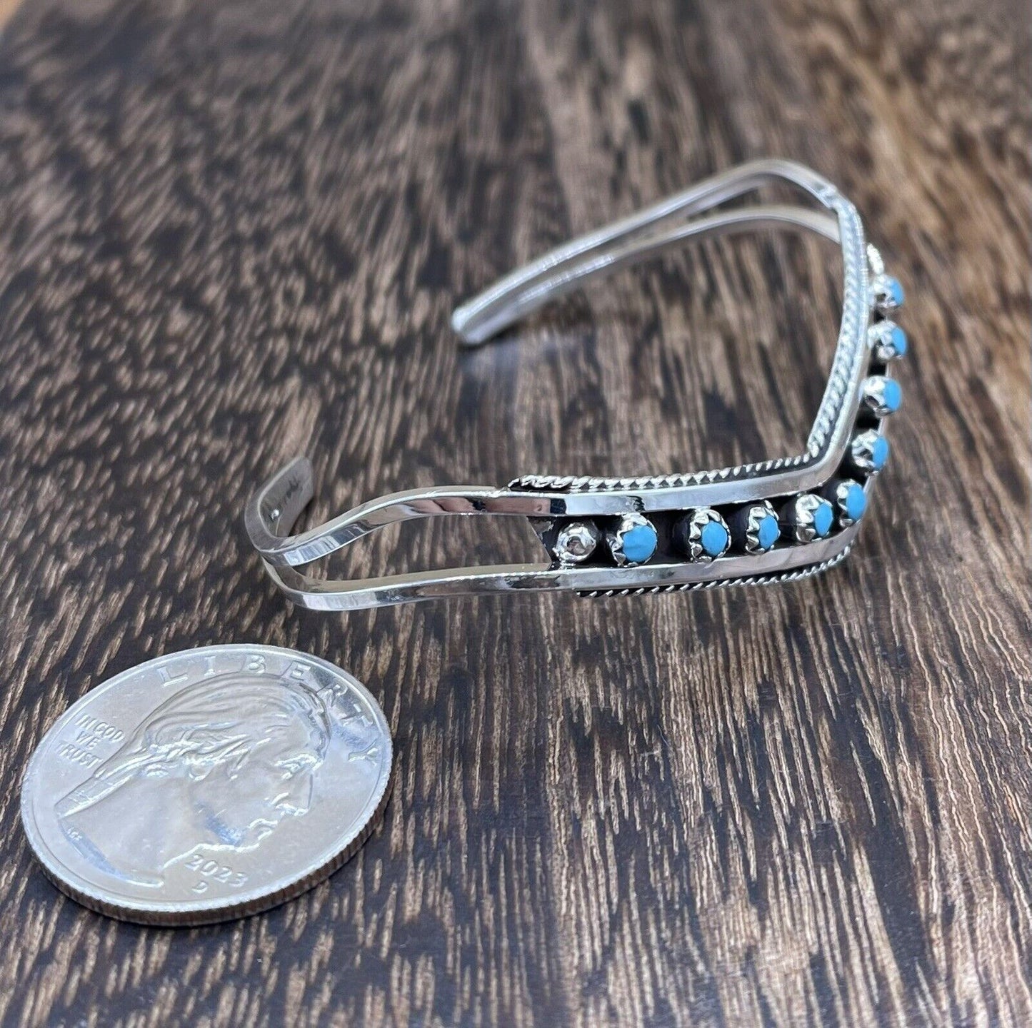 Native American Zuni Handmade Sterling Silver Turquoise Stacker Cuff Bracelet