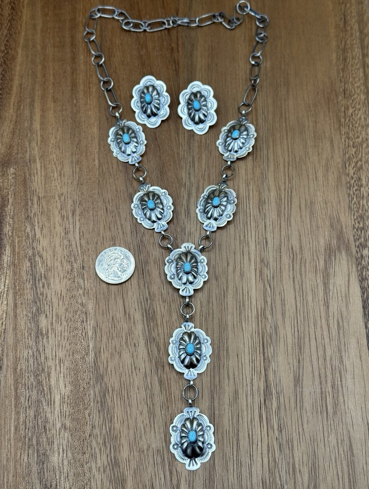 Navajo Handmade Sterling Silver Stamped Concho Turquoise Lariat Necklace Set 24”