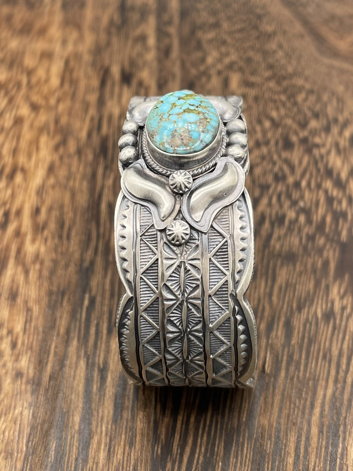 Native American Sterling Silver Navajo Handmade Kingman Turquoise Cuff Bracelet