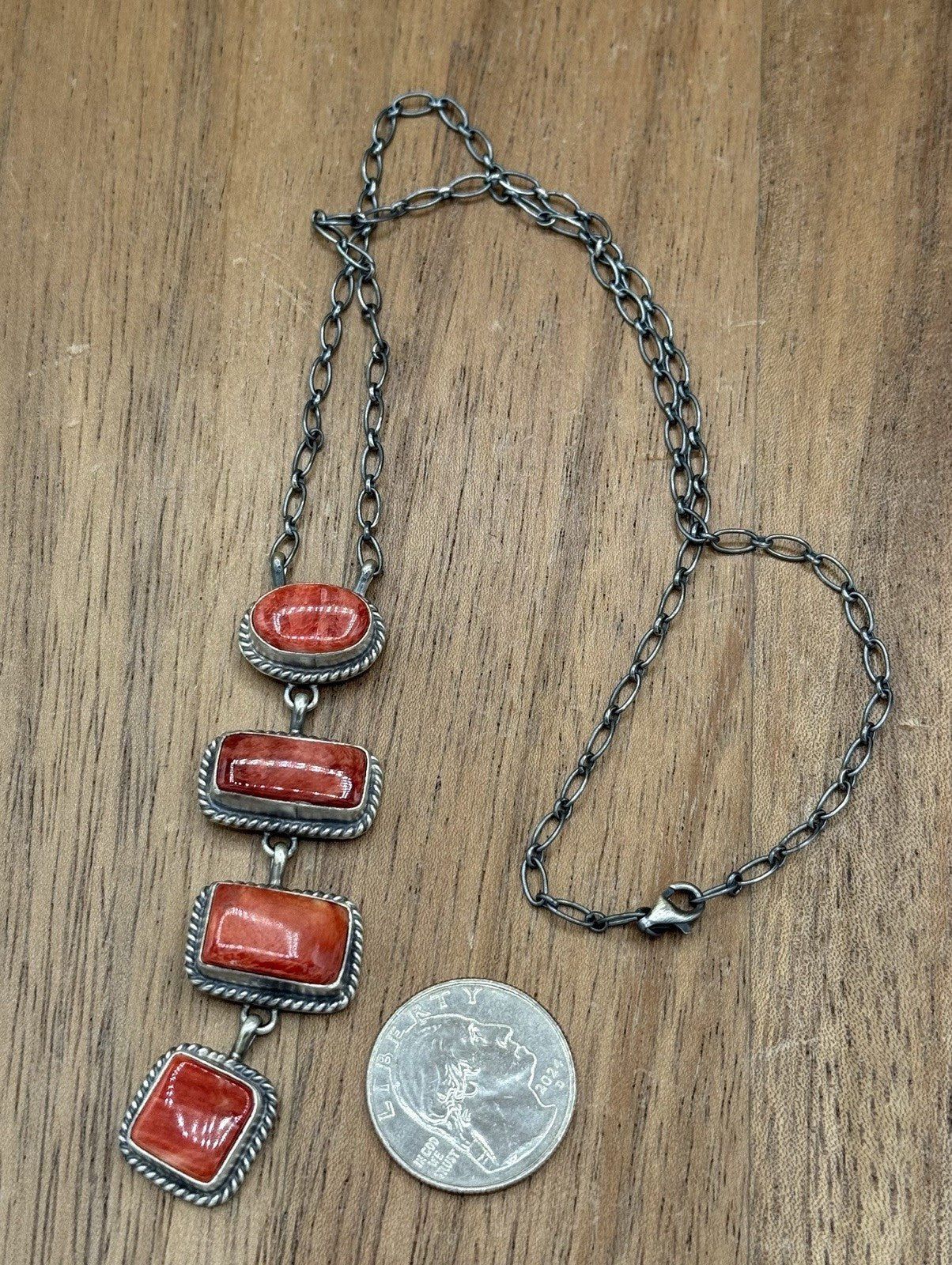 Navajo Handmade Sterling Silver Red Spiny Oyster  Shell Lariat Bar Necklace 18”
