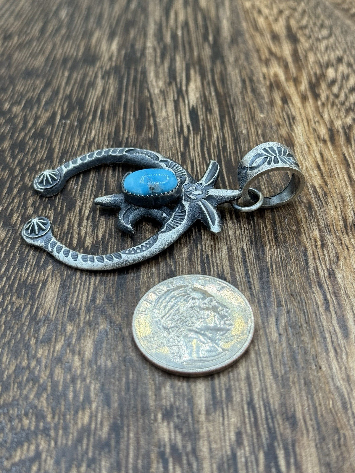 Native American Navajo Handmade Silver Old Look Kingman Turquoise Naja Pendant
