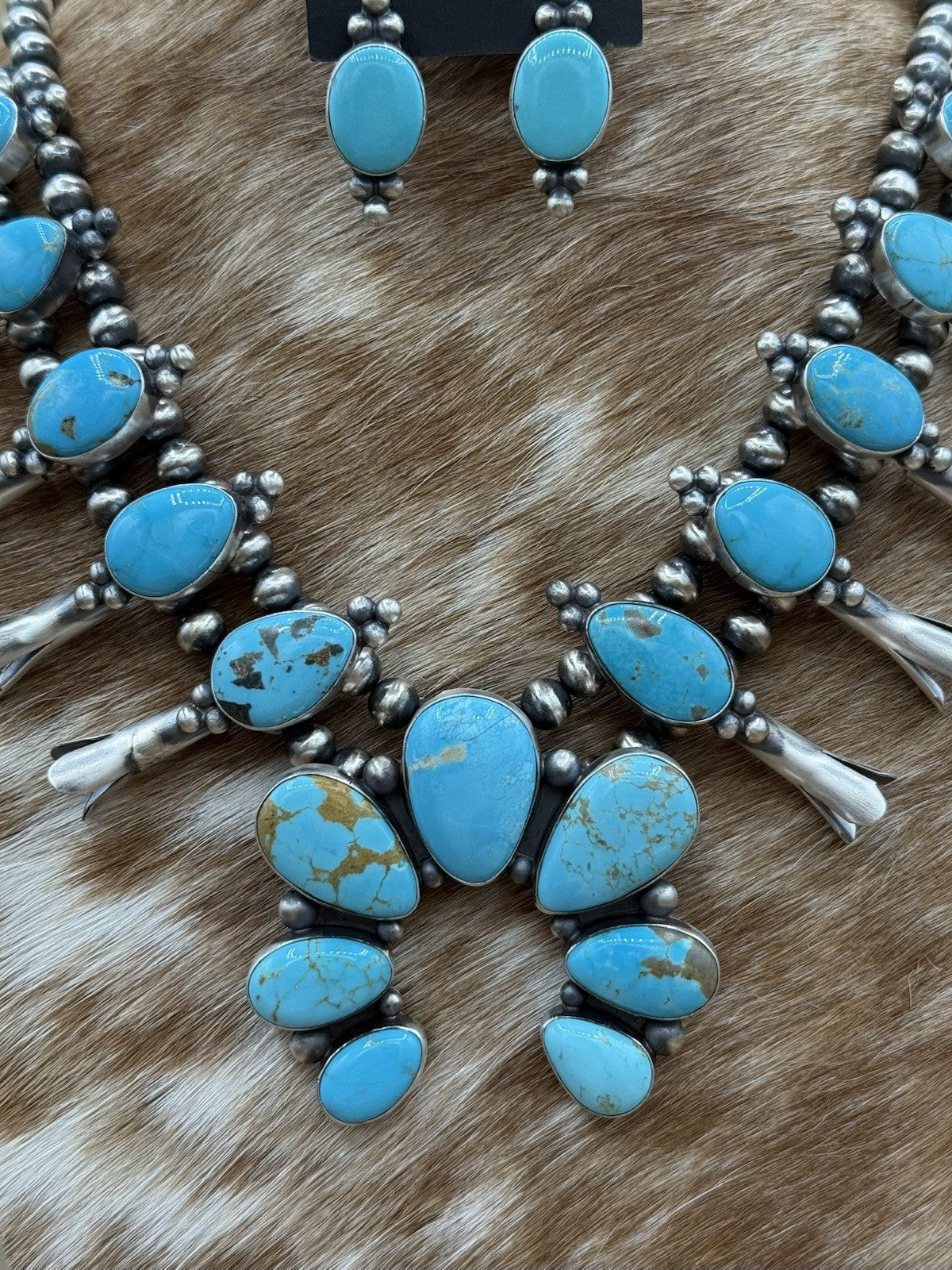 Navajo Handmade Sterling Silver Kingman Turquoise Squash Blossom Necklace 20”