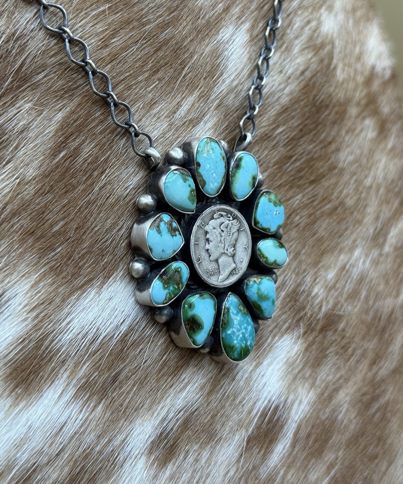 Navajo Handmade Silver Sonoran Gold Turquoise Liberty Coin Cluster Necklace 18”