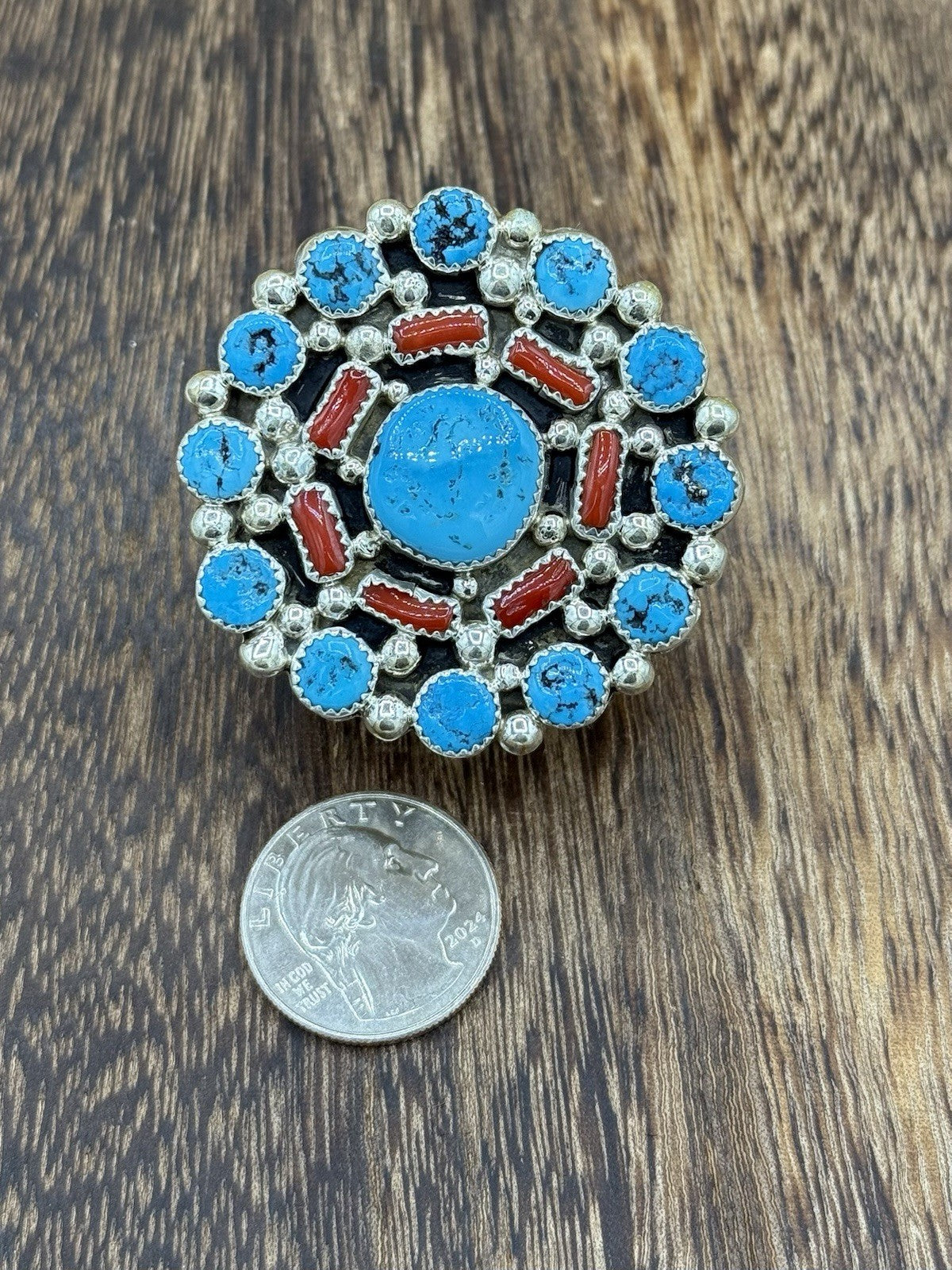 Navajo Handmade Sterling Silver Sleeping Beauty Turquoise & Coral Adjustable 6-9