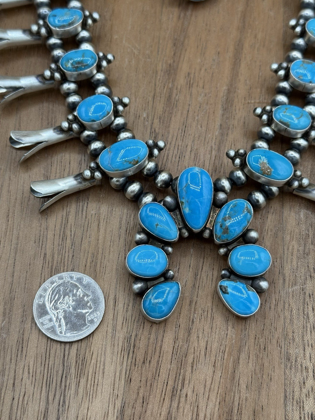 Navajo Handmade Sterling Silver Kingman Turquoise Squash Blossom Necklace 20”