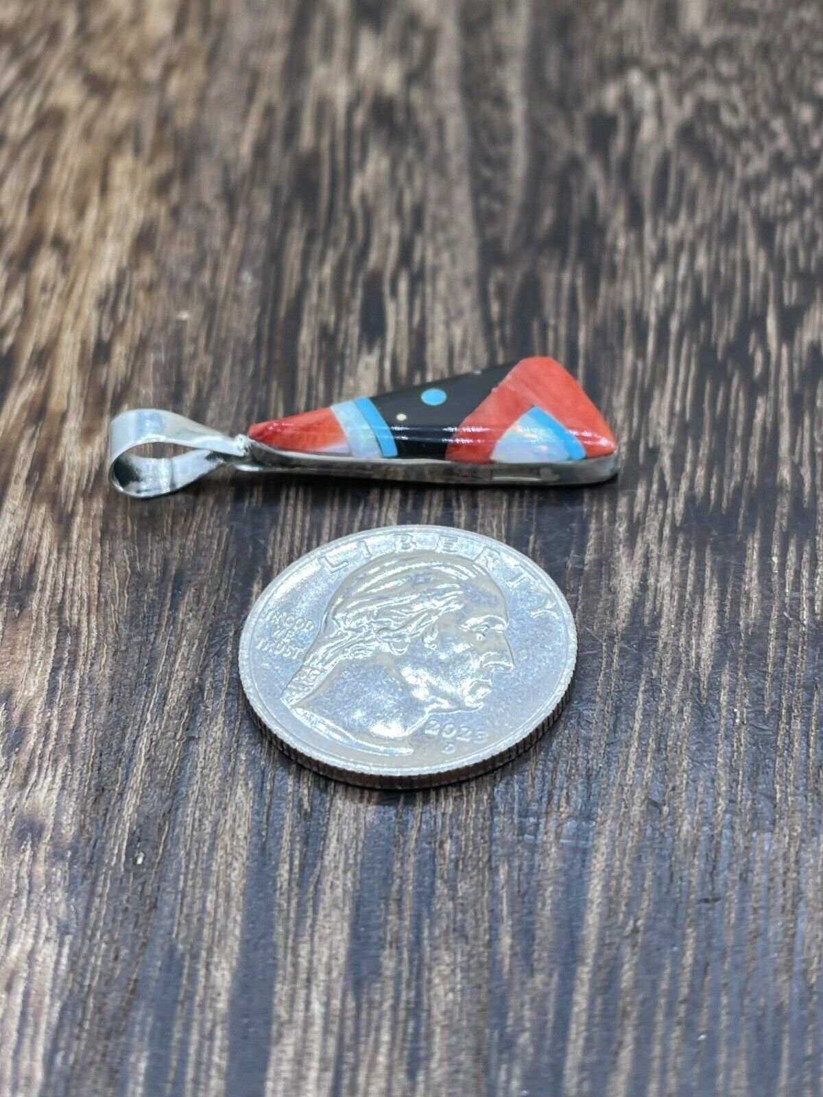 Native American Navajo Handmade Sterling Silver Multi Stone Inlay Pendant