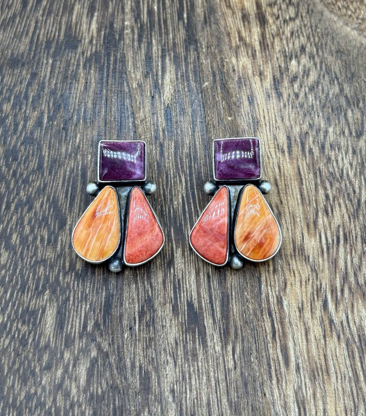 Navajo Handmade Sterling Silver Multi Color Spiny Oyster Shell Cluster Earrings