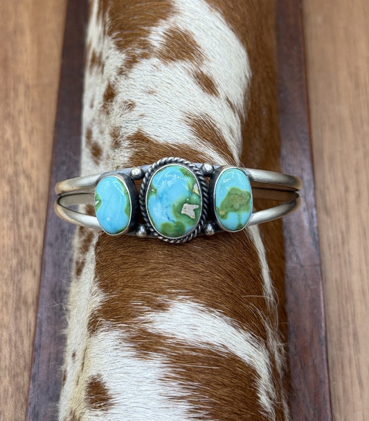 Navajo Handmade Sterling Silver Sonoran Gold Turquoise Cluster Cuff Bracelet