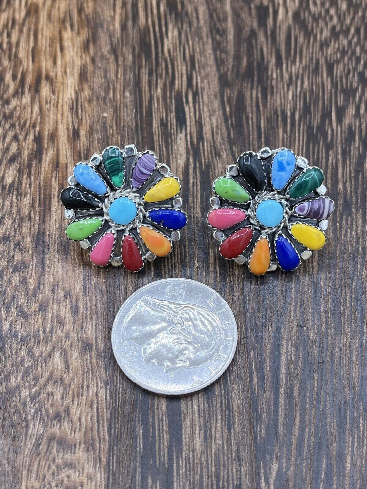 Native American Navajo Handmade Sterling Silver Multicolor Cluster Stud Earrings