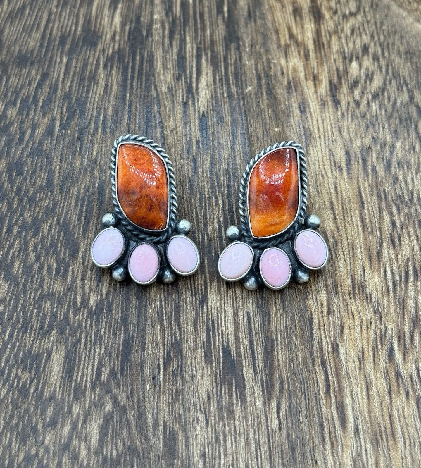 Navajo Handmade Sterling Silver Multi Color Spiny Pink Shell Cluster Earrings